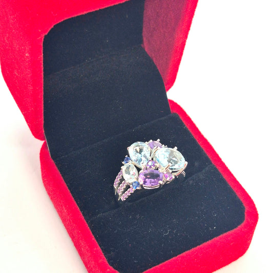 Natural Sky Blue Topaz and Amethyst Stone Ring in Sterling Silver with Nano Sapphire side stones