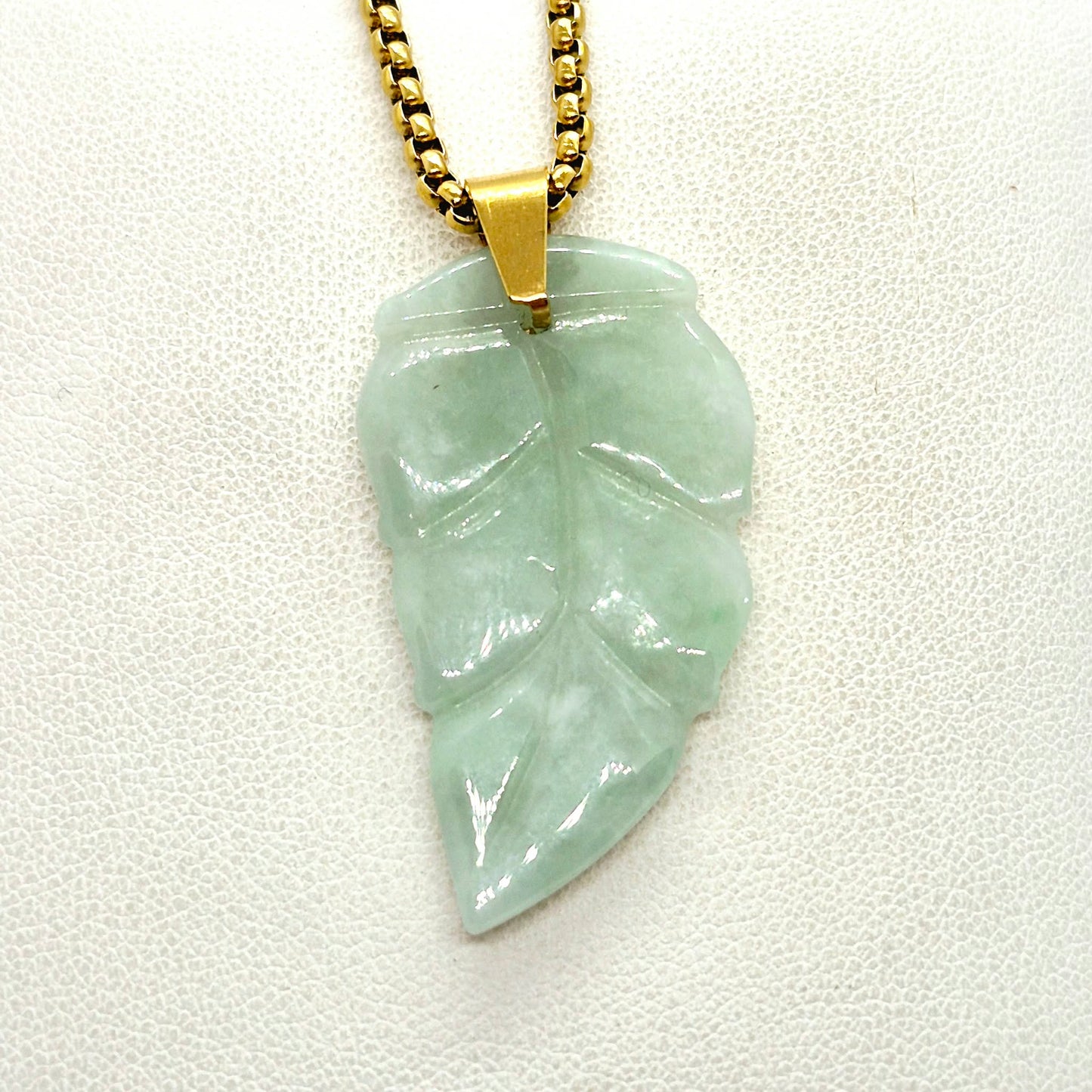 Natural Burmese Jade Leaf Pendant with Gold Platted Stainless Steel Necklace