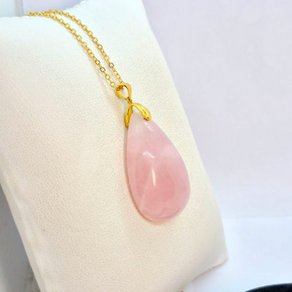 Natural Pink Rose Quartz RainDrop Pendant with Stainless Steel Chain Necklace