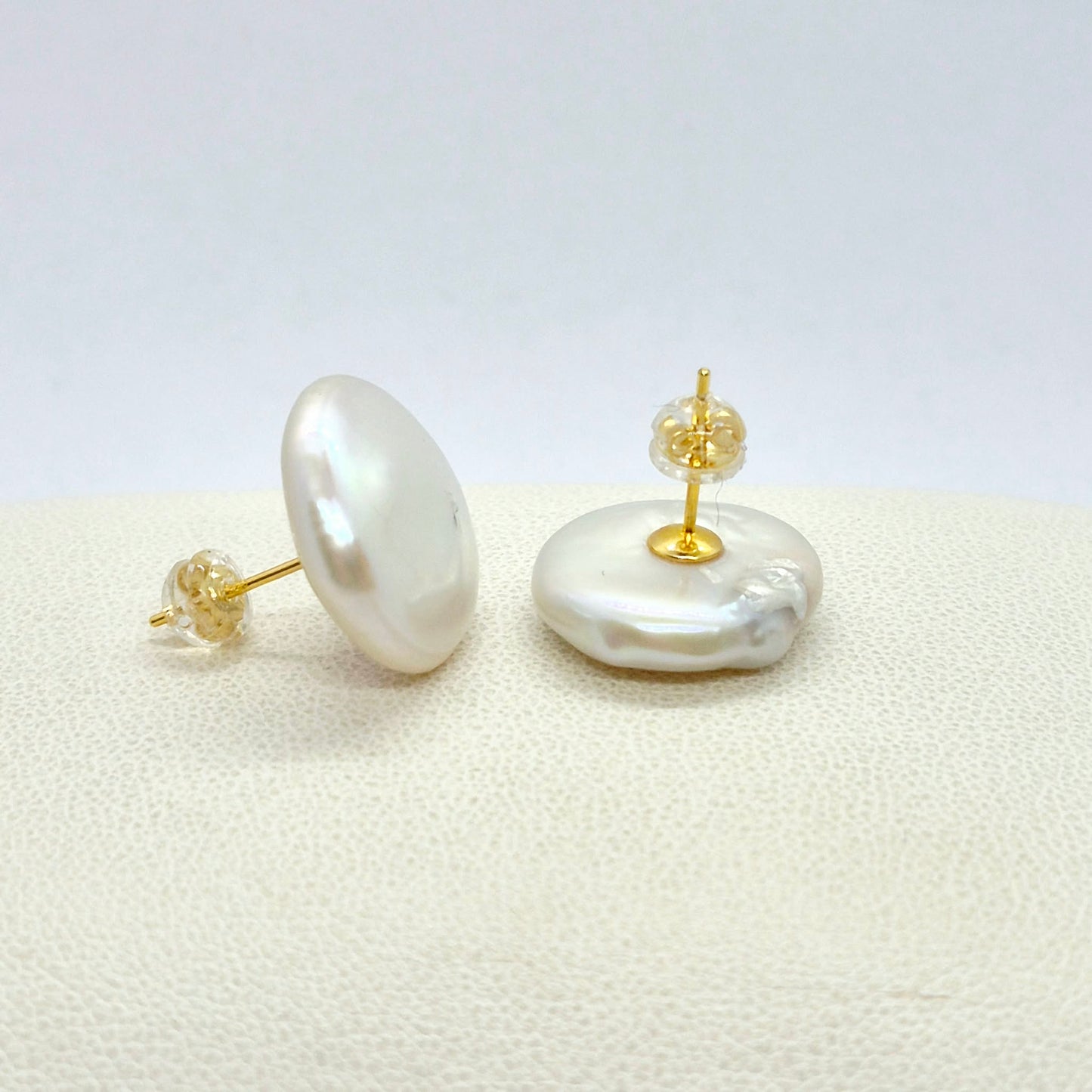 Natural 15mm Button Pearl Stud Earrings in Sterling Silver
