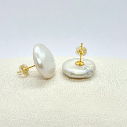 Natural 15mm Button Pearl Stud Earrings in Sterling Silver