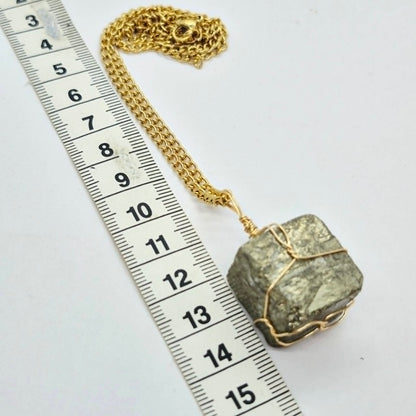 Natural Cube Pyrite Pendant with Stainless Steel Chain