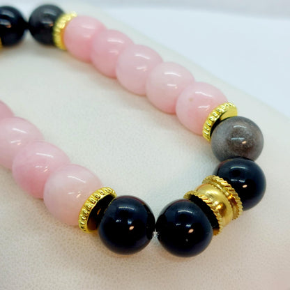 Obsidian and Rose Quartz Bracelet in 10mm Natural Stones