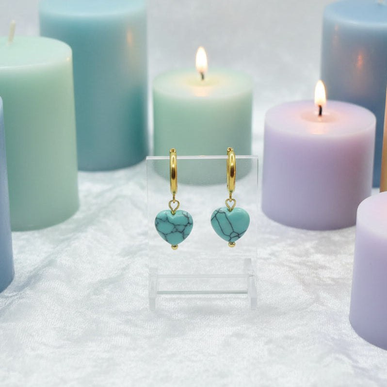 Natural Turquoise Heart Hoop Earrings in Stainless Steel Gold Plated