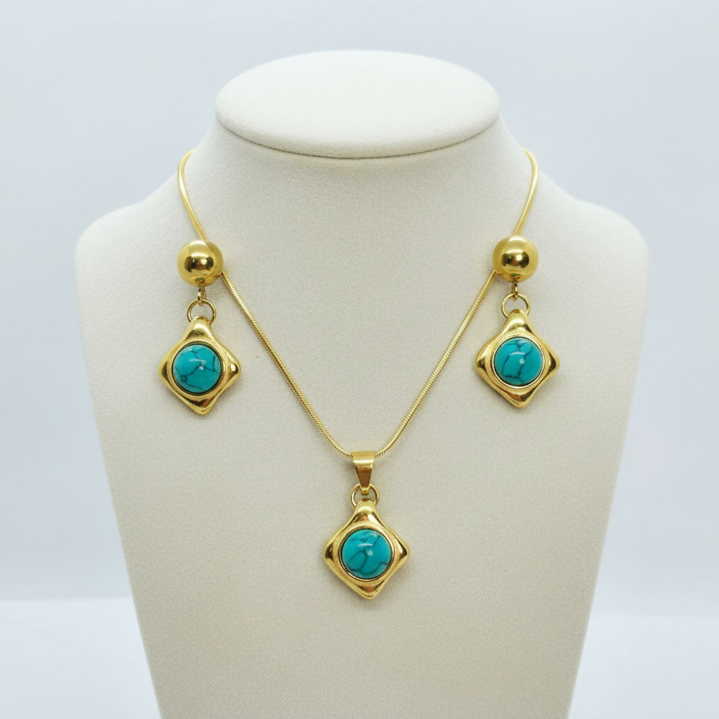 Natural Turquoise Set in Gold Plated Stainless Steel with Chain Necklace