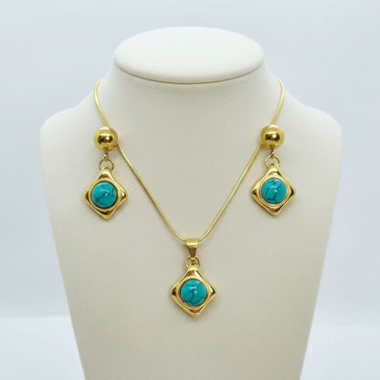 Natural Turquoise Set in Gold Plated Stainless Steel with Chain Necklace