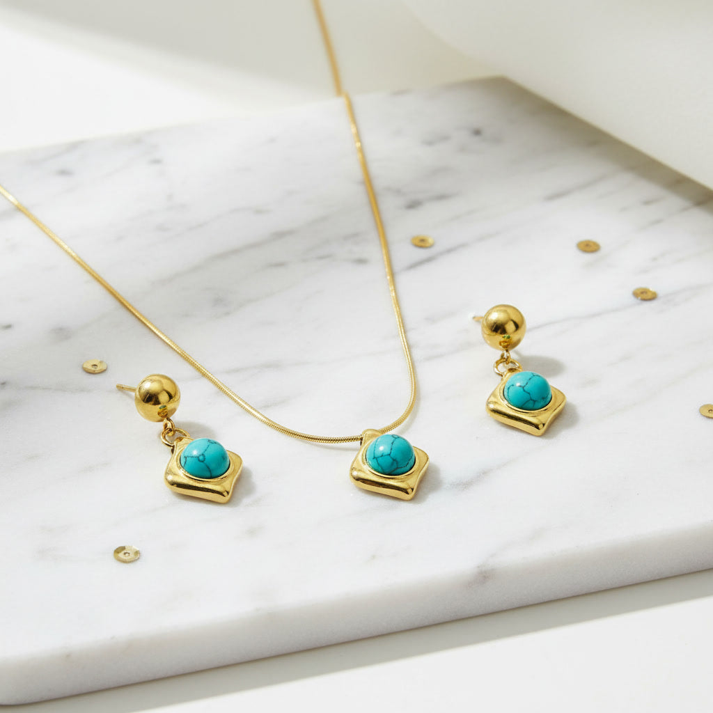 Natural Turquoise Set in Gold Plated Stainless Steel with Chain Necklace