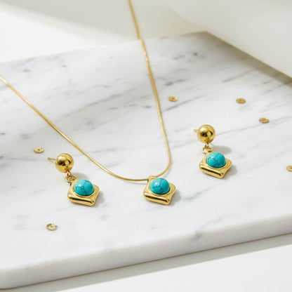 Natural Turquoise Set in Gold Plated Stainless Steel with Chain Necklace
