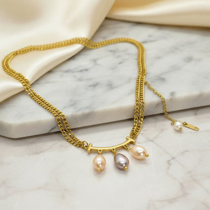Natural Irregular Pearl Pendant with Gold Plated Stainless Steel Double Chain Necklace