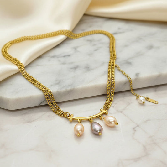 Natural Irregular Pearl Pendant with Gold Plated Stainless Steel Double Chain Necklace