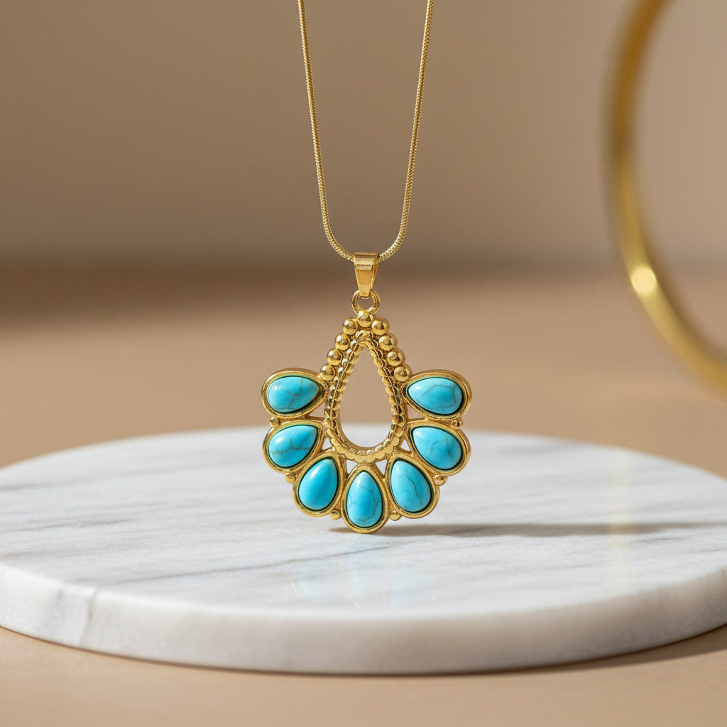 Natural Turquoise Pendant with Gold Plated Stainless Steel Chain Necklace