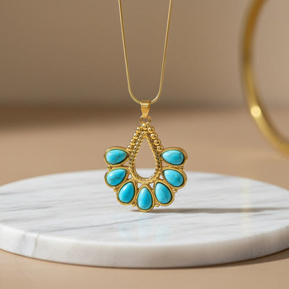 Natural Turquoise Pendant with Gold Plated Stainless Steel Chain Necklace