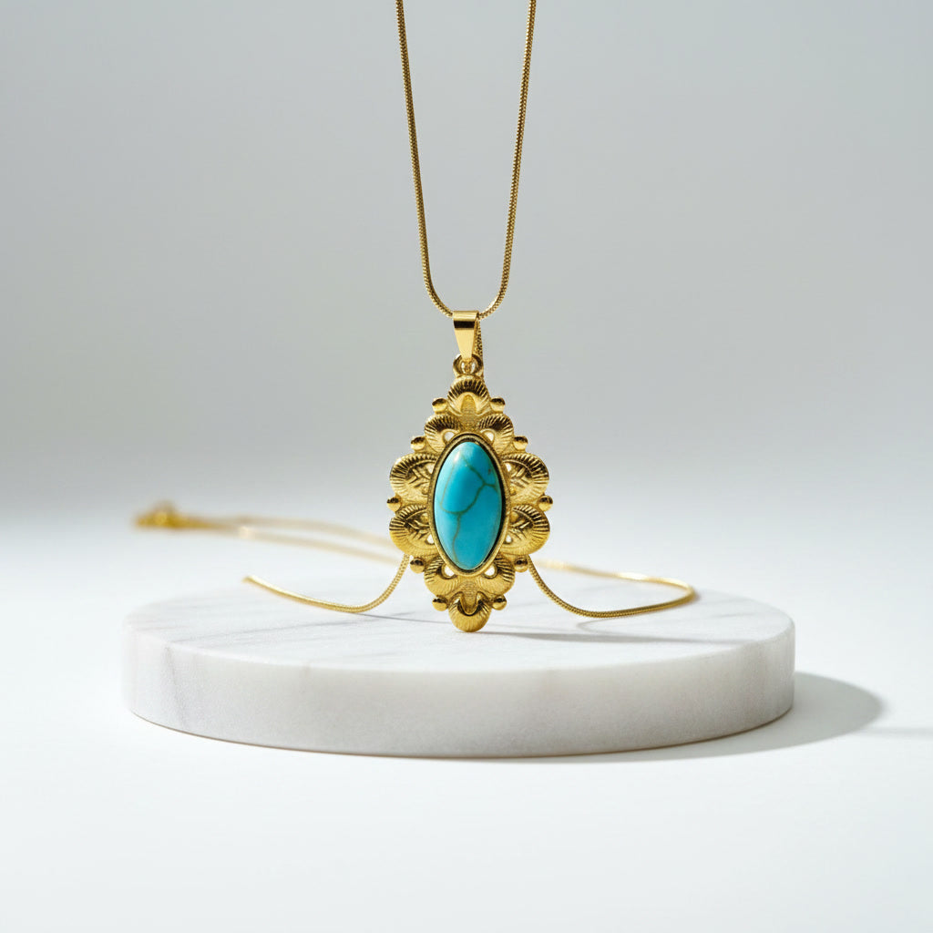 Natural Turquoise Pendant with Gold Plated Stainless Steel Chain Necklace