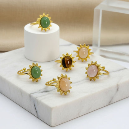 Natural Stone Ring in Gold Plated Stainless Steel Resizeable, Tiger Eye, Rose Quartz, Yellow Jade and  Aventurine