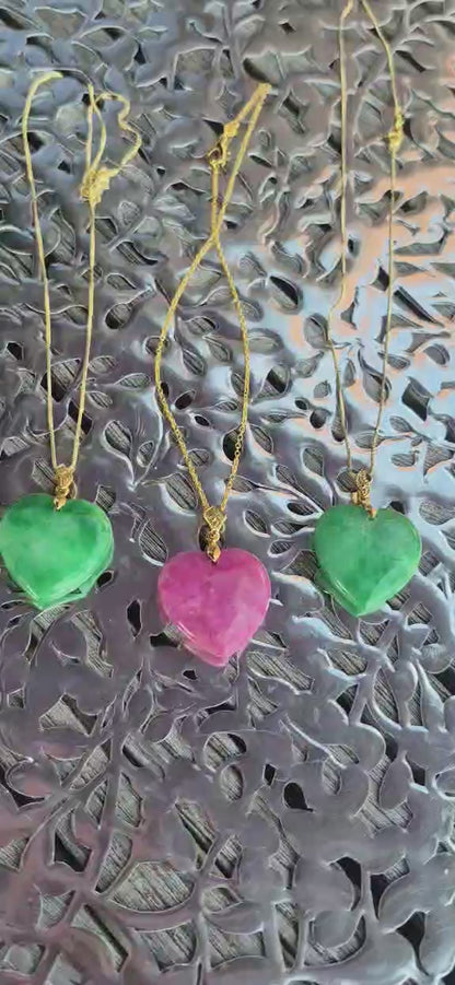 Natural Chinese Peach Blossom Jade Heart Pendant with Stainless Steel Chain Necklace