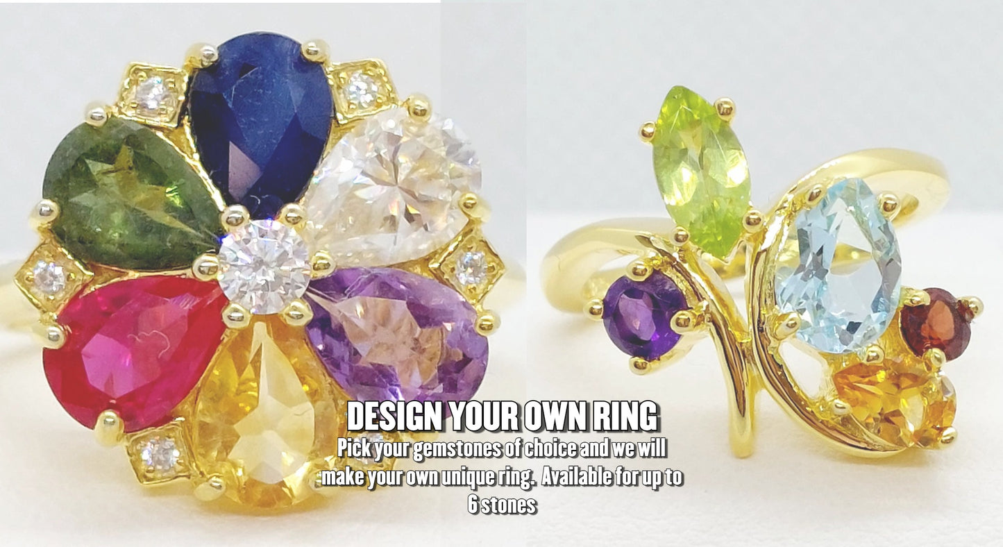 Natural Stone Ring with Topaz, Peridot, Citrine, Amethyst & Garnet in Sterling Silver Gold Plated