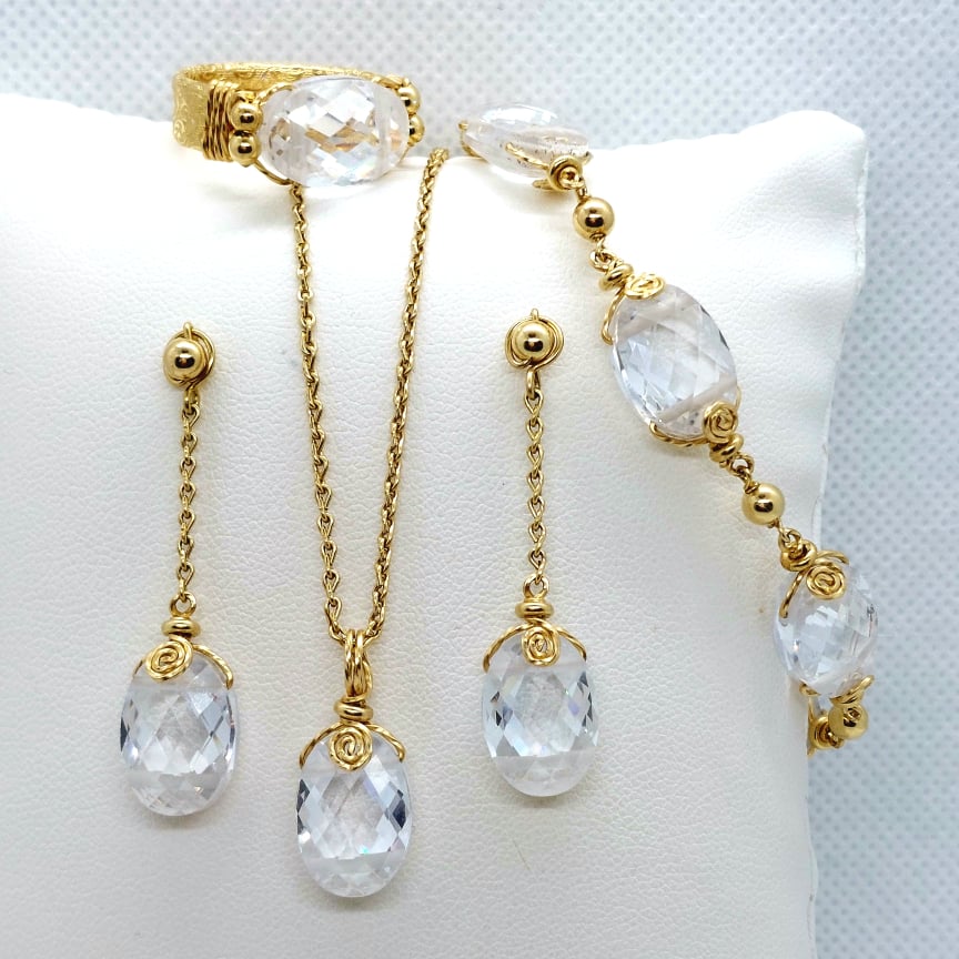 White Crystal Jewelry Set in Solid 10K Gold Lab Created