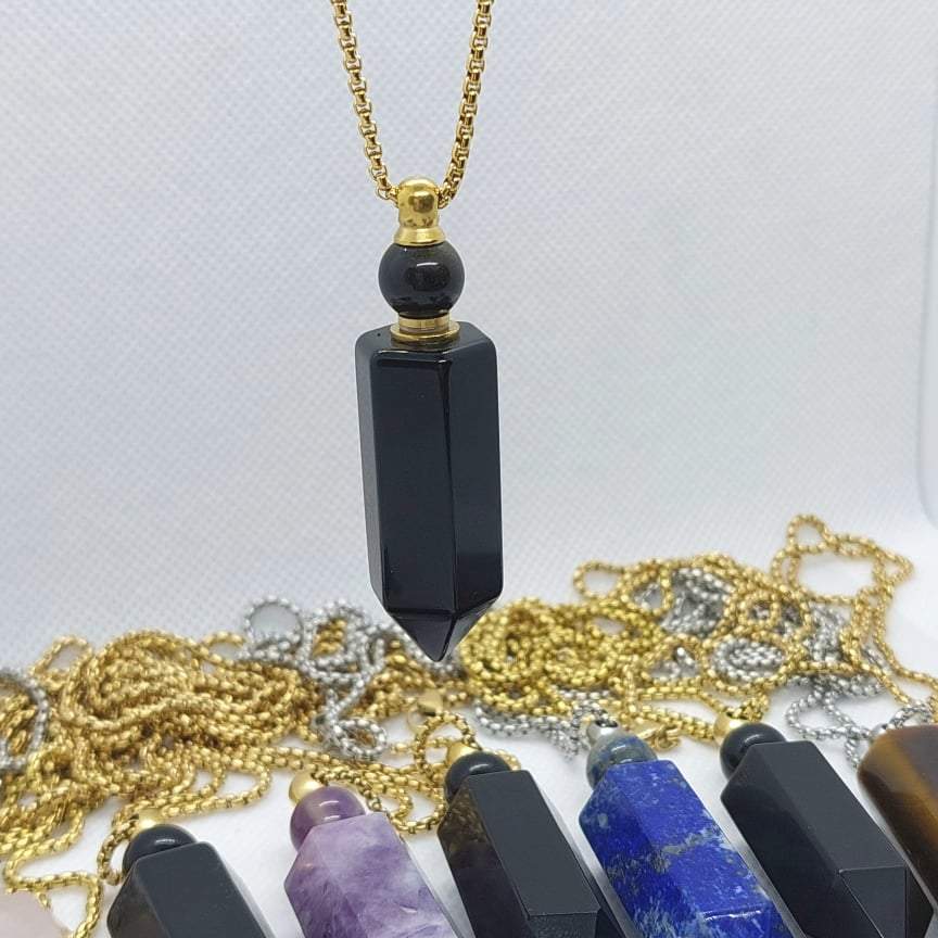 Natural Amethyst Perfume Bottle Pendant - Stainless Steel Chain Necklace