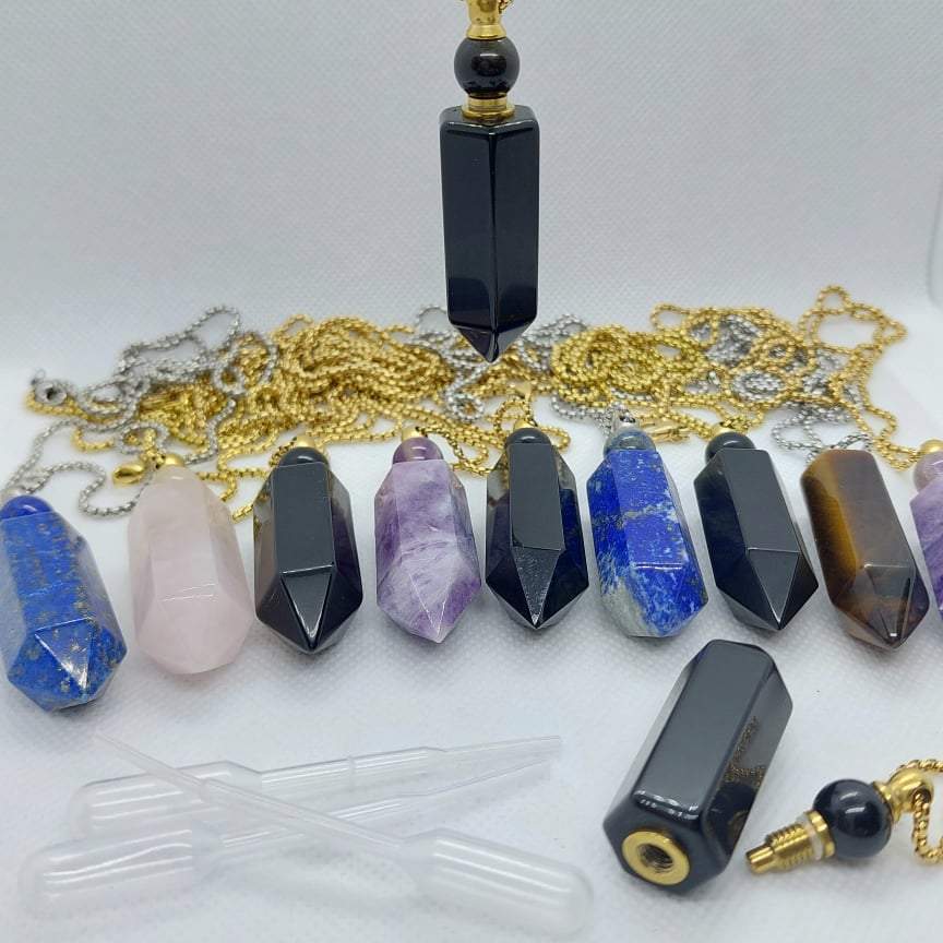 Natural Amethyst Perfume Bottle Pendant - Stainless Steel Chain Necklace