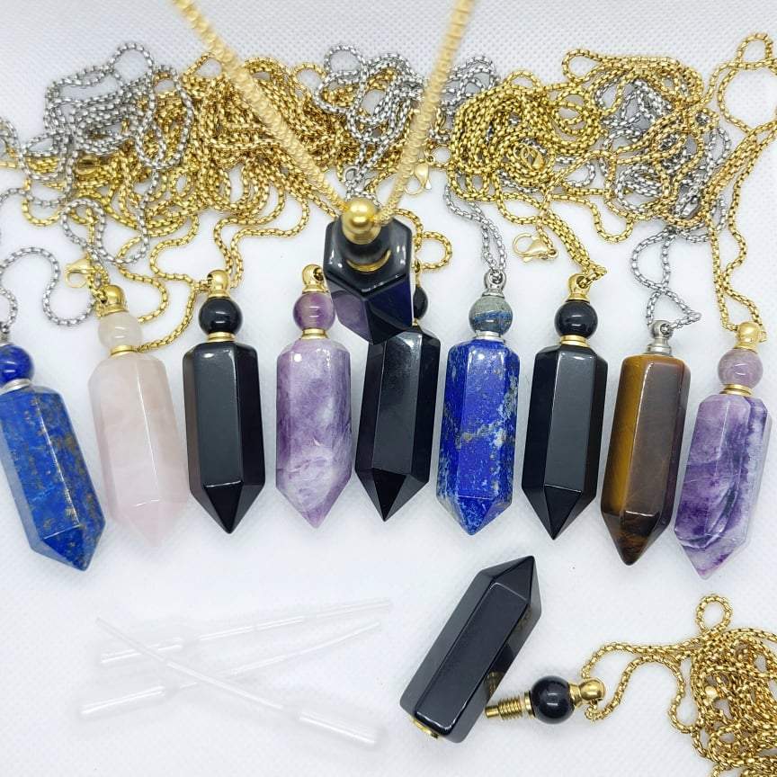 Natural Amethyst Perfume Bottle Pendant - Stainless Steel Chain Necklace