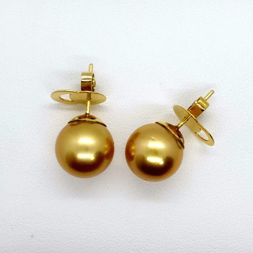 Natural Golden South Sea Pearl Earrings with 13mm Stones in Solid 14K Gold