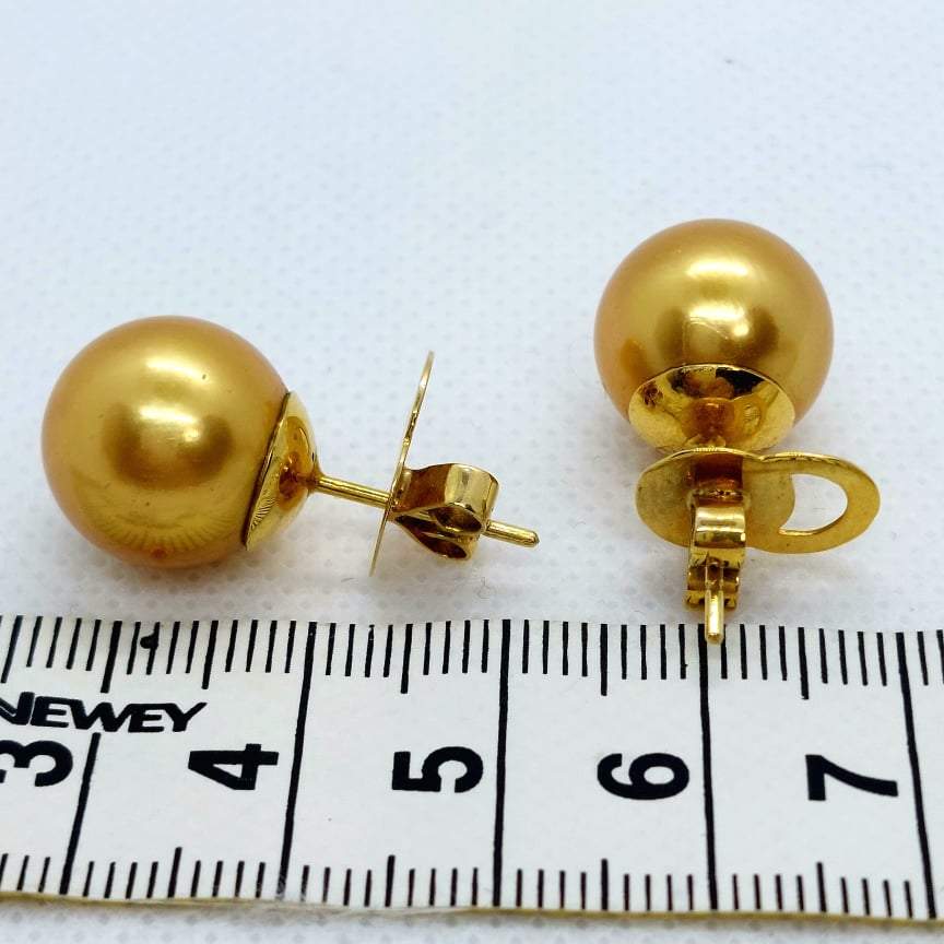 Natural Golden South Sea Pearl Earrings with 13mm Stones in Solid 14K Gold