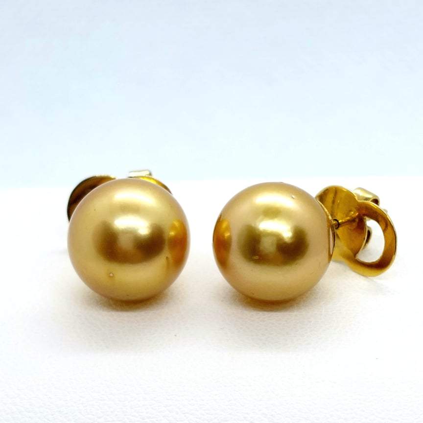 Natural Golden South Sea Pearl Earrings with 13mm Stones in Solid 14K Gold