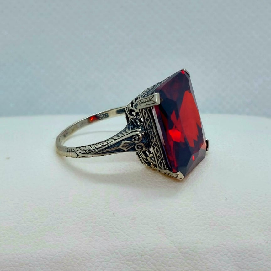 Garnet Ring Sterling Silver Vintage Style Lab Created