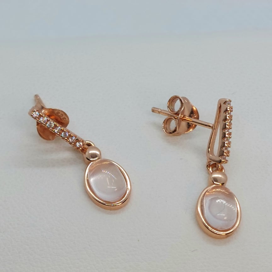 Natural Rose Quartz Drop Earrings - Sterling Silver 18K Rose Gold Plated
