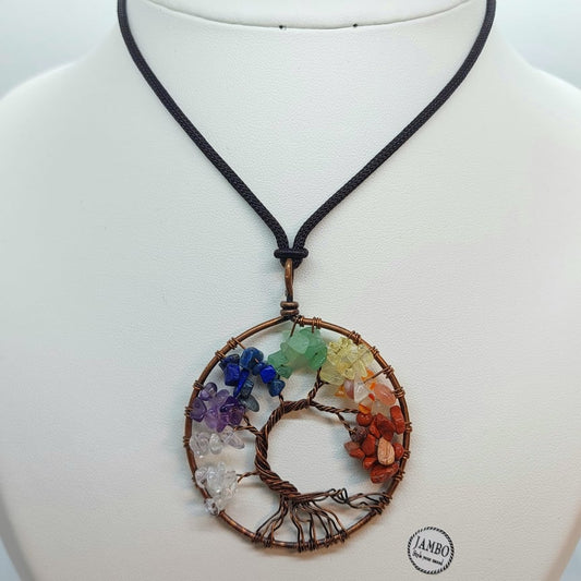 Tree of Life with 7 Chakras in Natural Stone Pendant - Copper Wire & Rope Necklace