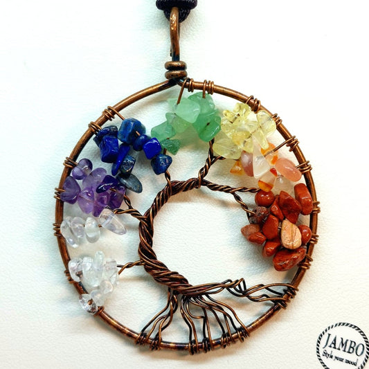 Tree of Life with 7 Chakras in Natural Stone Pendant - Copper Wire & Rope Necklace