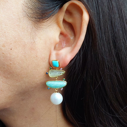 Natural Turquoise, Prehnite, Amazonite and Pearl Earrings - Stainless Steel Gold plated