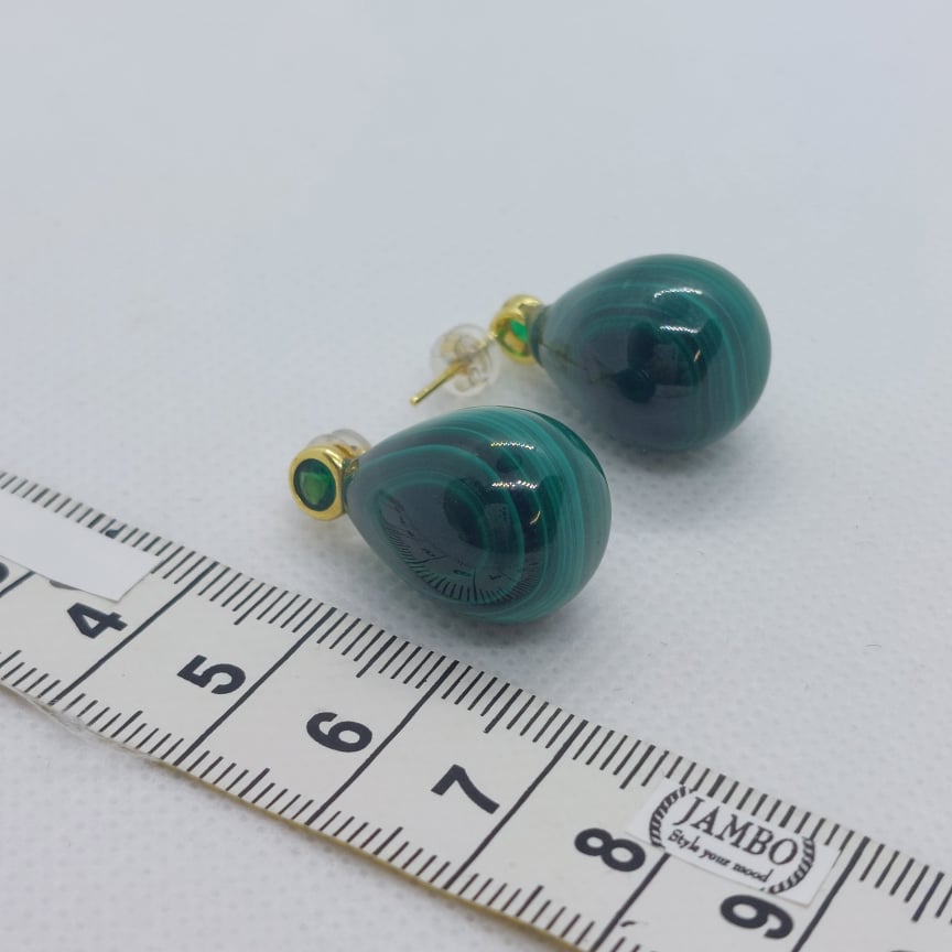 Natural Malachite Teardrop Earrings - Stainless Steel Gold plated