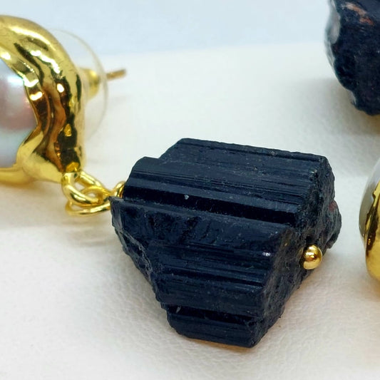 Natural Black Tourmaline and Pearl Earrings - Stainless Steel Gold plated
