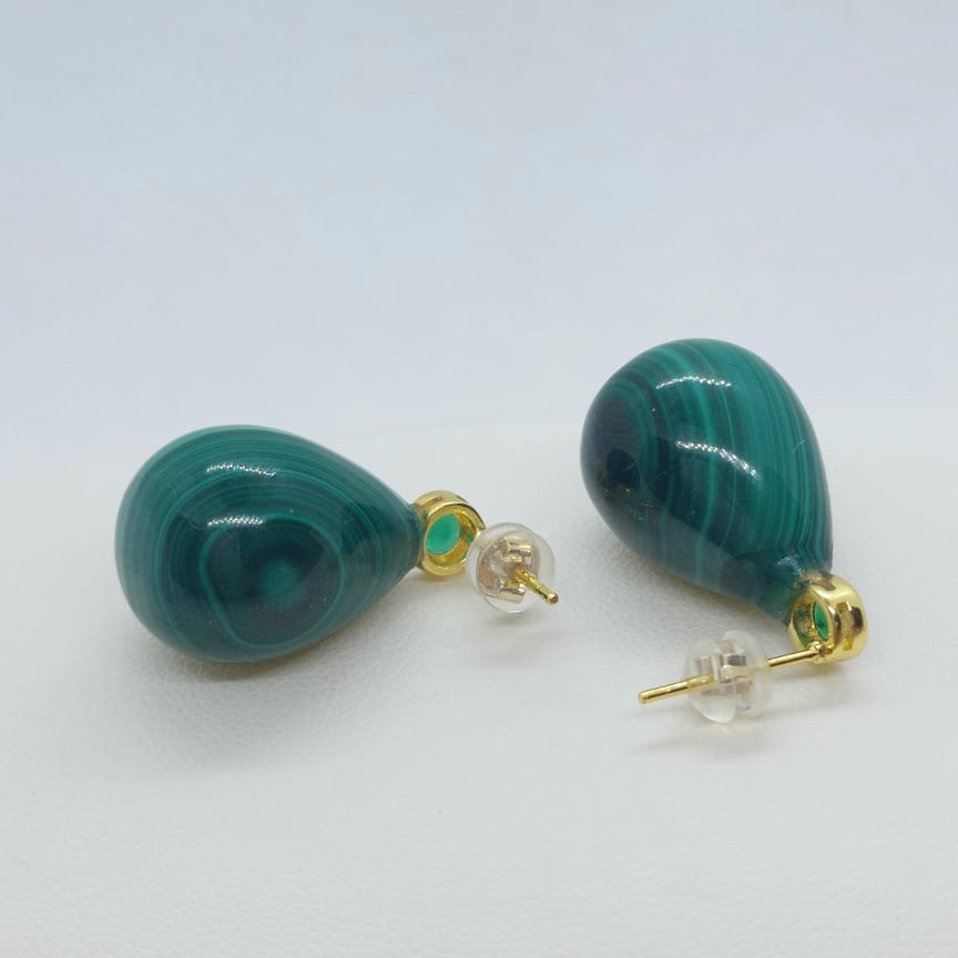 Natural Malachite Teardrop Earrings - Stainless Steel Gold plated