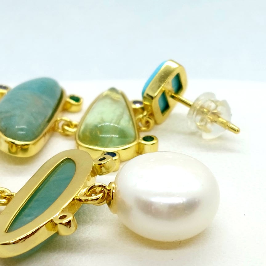 Natural Turquoise, Prehnite, Amazonite and Pearl Earrings - Stainless Steel Gold plated