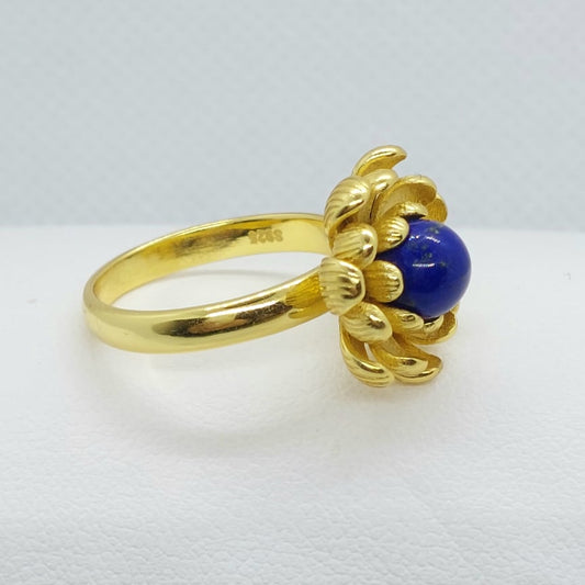 Natural Lapis Lazuli Flowering Lotus Ring - Gold Plated Sterling Silver