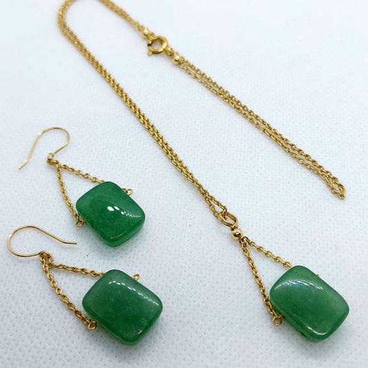 Natural Hetian Jade Jewelry Set - 10K Gold