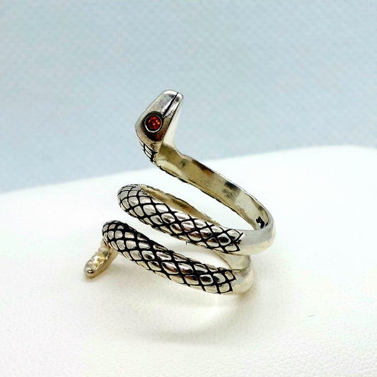 Snake with Ruby Eyes Ring - Vintage Sterling Silver - Resizeable