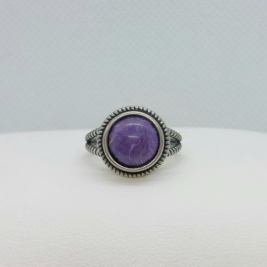 Natural Charoite Stone Ring - Vintage Style - Sterling Silver