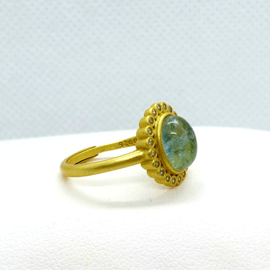 Natural Sky Blue Aquamarine Ring - Sterling Silver Matte Gold Plated - Resizable
