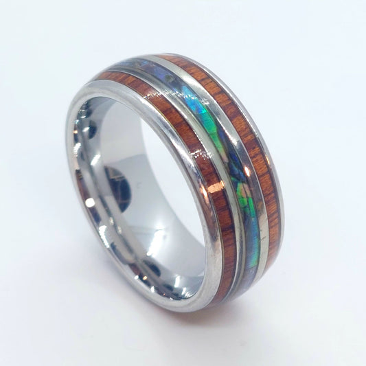 Wood Grain & Abalone Shell Inlaid Tungsten Carbide Ring - 8mm