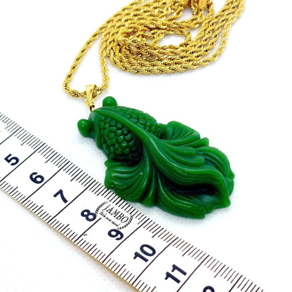 Natural Hetian Green Jade Fish Pendant - Stainless Steel Necklace
