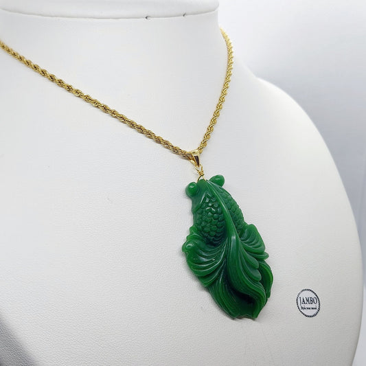 Natural Hetian Green Jade Fish Pendant - Stainless Steel Necklace