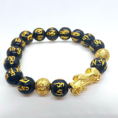 Natural Black Obsidian Feng Shui Bracelet with Silver Pixiu Gold Plated in 10mm & 12mm Stones