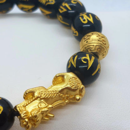 Natural Black Obsidian Feng Shui Bracelet with Silver Pixiu Gold Plated in 10mm & 12mm Stones
