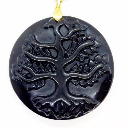 Natural Obsidian Tree of Life Pendant - Stainless Steel Chain Necklace