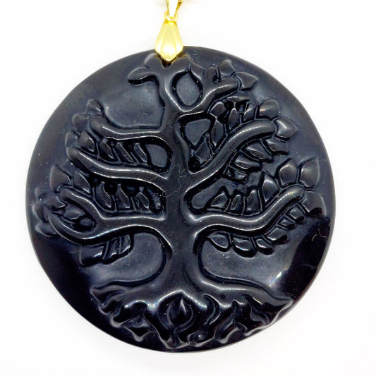 Natural Obsidian Tree of Life Pendant - Stainless Steel Chain Necklace