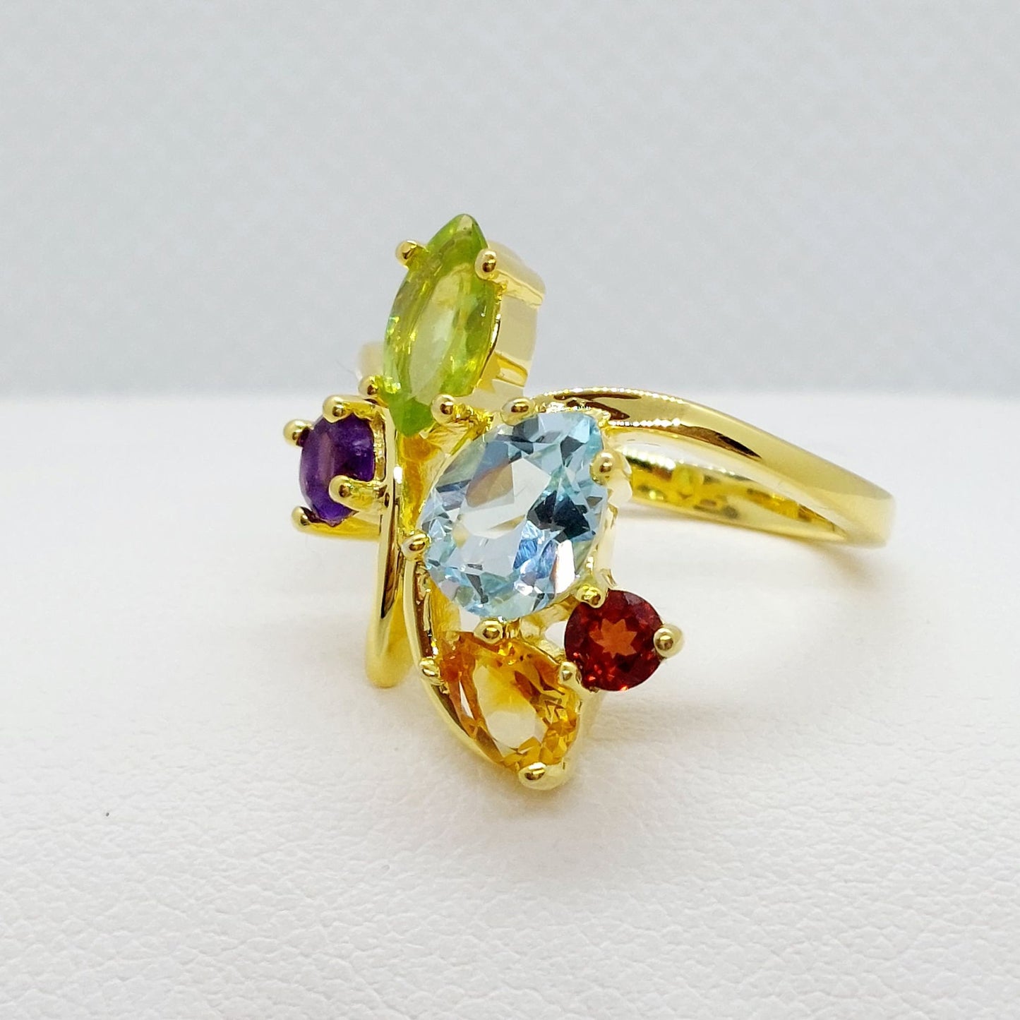 Natural Stone Ring with Topaz, Peridot, Citrine, Amethyst & Garnet in Sterling Silver Gold Plated