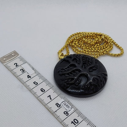 Natural Obsidian Tree of Life Pendant - Stainless Steel Chain Necklace